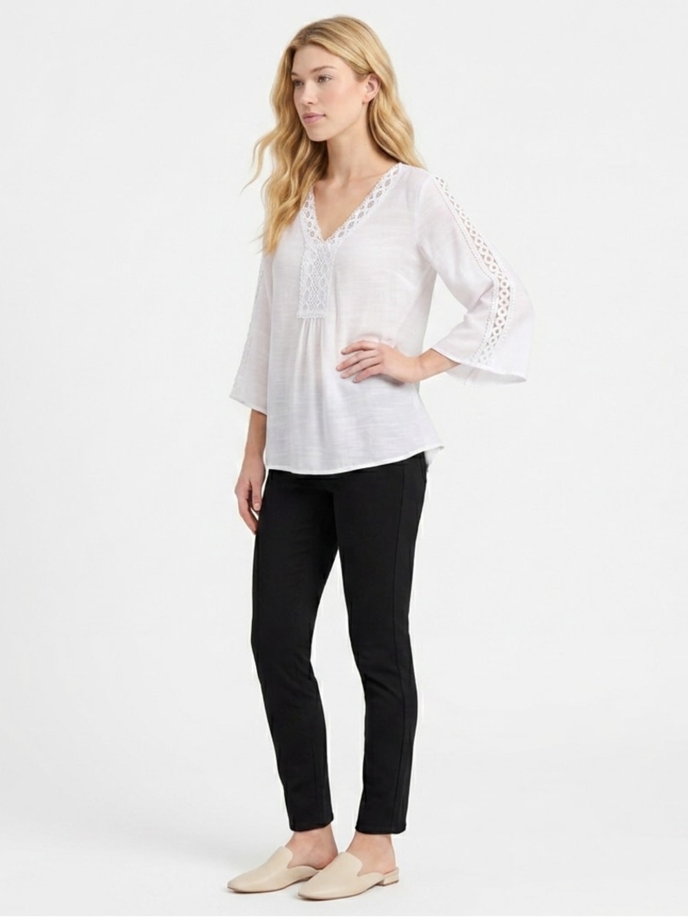 Counterparts Women’s Embroidered Long Bell Sleeve Tunic Sz XL White V-Neck